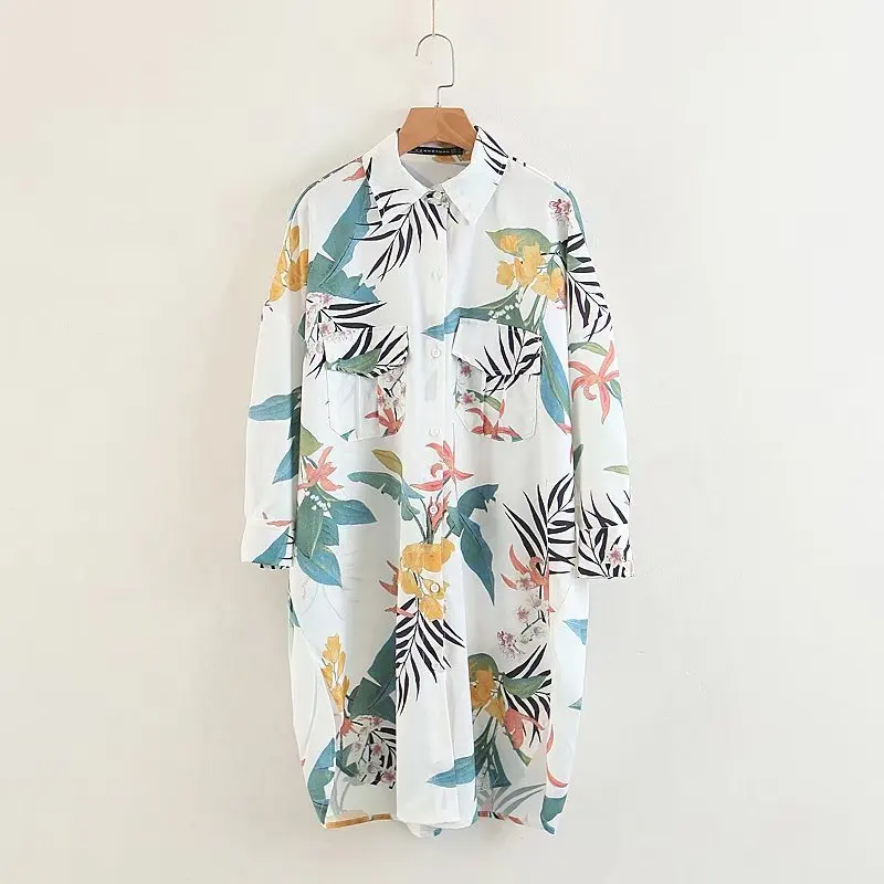 

QZ3212 European fashion plant print turn down collar shirt dress women fresh summer dresses vestidos