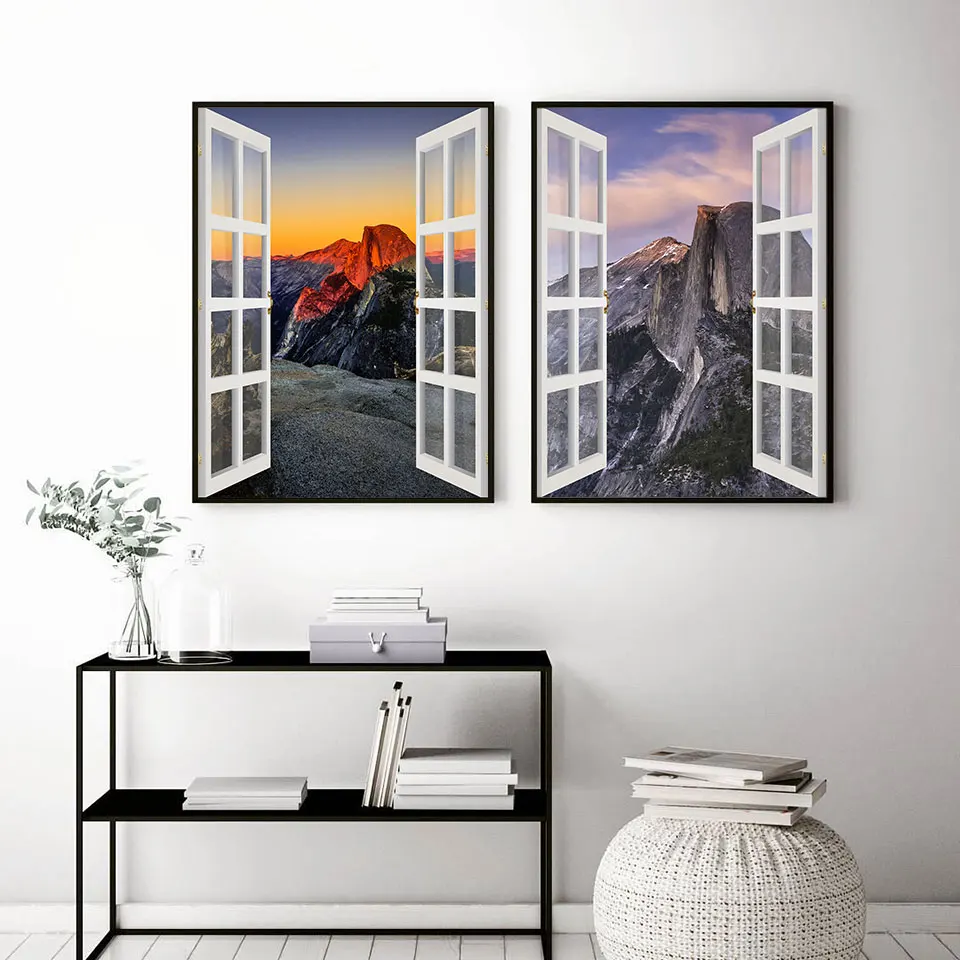 Modern 3D Window Outdoor Landscape Poster and Print Mountain Art Canvas Painting Wall Pictures for Living Room Home Decoration