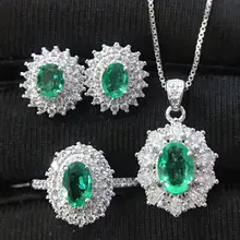 Натуральный изумруд комплект ювелирных изделий 925 стерлингового серебра 1 шт кольца, 1 шт. кулон, 1 пара Стад Серьги, изящные украшения# SB18121011