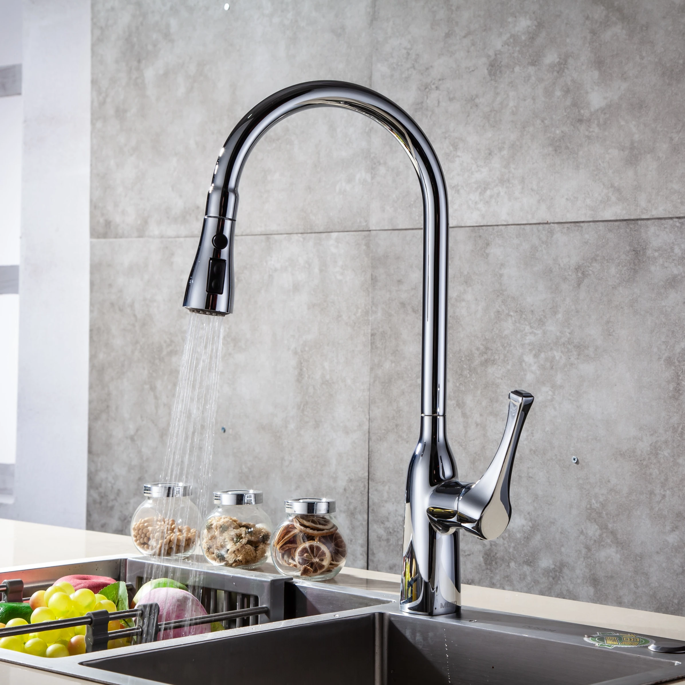 MOIIO Modern Commercial Solid Brass Single Lever Pause Botton Pull Out Sprayer Brushed Nickel Kitchen Faucet