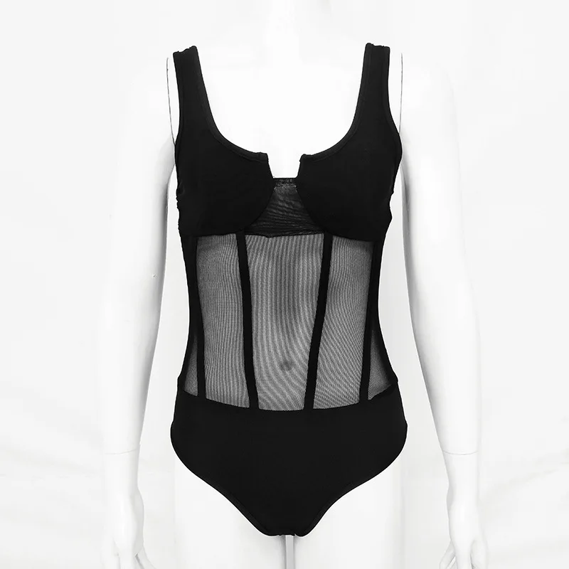 hook loop button sexy bodysuit women sleeveless  bandage bodycon jumpsuit black lace mesh bodycon overalls winter clothes