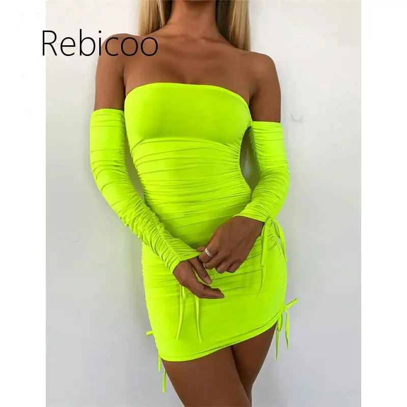 

Green Ruched Off Shoulder Long Sleeve Bodycon Dress Sexy Dresses Party Night Club Dresses Spring 2019