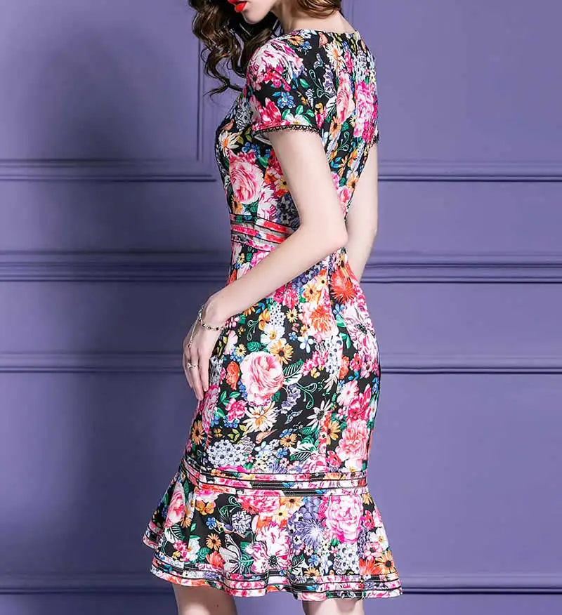 Роскошное женское платье с цветочным принтом, элегантное платье с v-образным вырезом и коротким рукавом