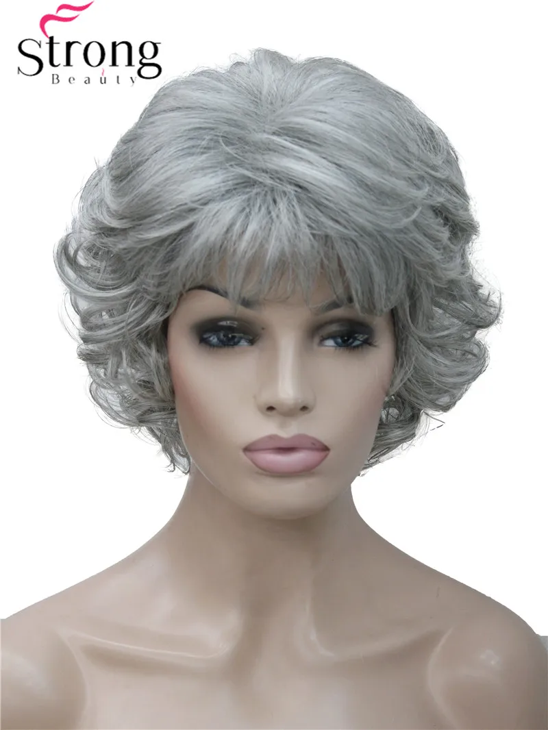 

StrongBeauty Short Tousled Curls Silver Gray Full Synthetic Wigs COLOUR CHOICES