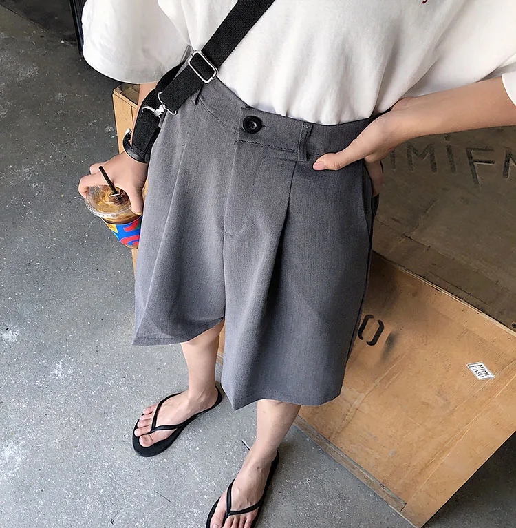 Knee Length Shorts Women Summer Solid Color Elegant Leisure Loose Shorts Trendy Classic Wide Leg Chic Korean Ladies Pockets