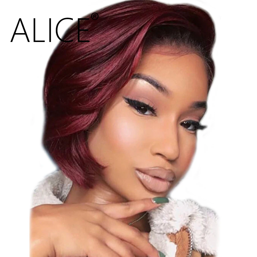 

ALICE Burgundy Lace Front Wig 99j Ombre 13x4 Lace Front Bob Wigs Remy Lace Front Human Hair Wigs Straight Short Human Hair Wigs
