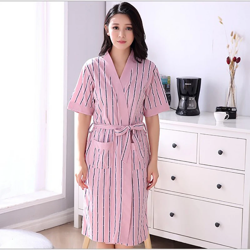 Hot Sale Women's Striped Bride Robe Short Sleeve Knitted Cotton Sleep