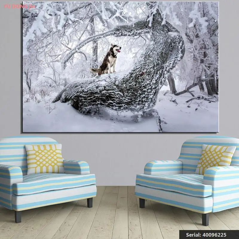

yu dong jin Dogs Winter Husky Trunk tree Snow Animal Classical oil Painting Drawing art Spray Unframed Canvas 40096225