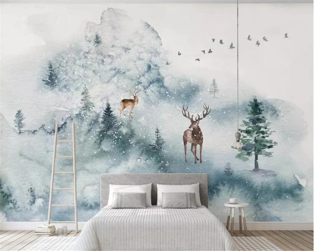 Beibehang personalizado papel de pared 3d papel pintado pequeño fresco minimalista escandinavo pintado a mano elk bosque Fondo papel de pared Beibehang personalizado papel de pared 3d papel pintado pequeño fresco minimalista escandinavo pintado a mano elk bosque Fondo papel de pared