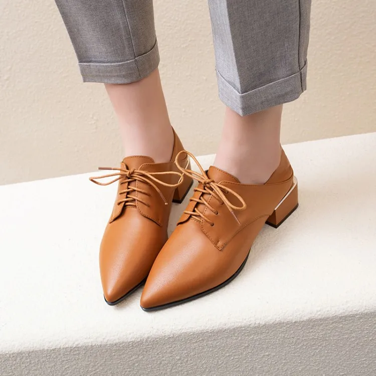 PXELENA Women Square Low Heel Derby Shoes Genuine Leather Pointed Toe