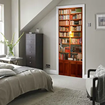 

3D Retro Bookcase Pattern Vinyl Wall Stickers Door Renovation Sticker Self-adhesive Art Decals Living room Bedroom Home Decor