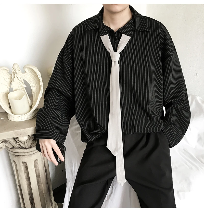 Французский Полосатый Черный Camisa Masculina Ретро галстук рубашка с длинными рукавами мужские Свободные повседневные рубашки Высокое качество