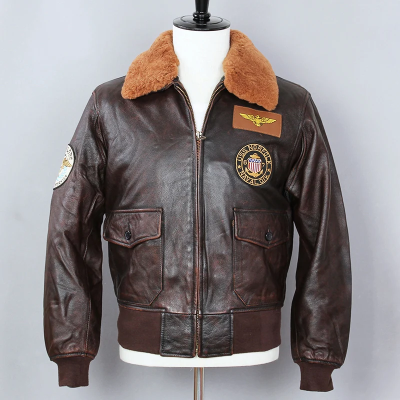 2019 Vintage Brown Men Military Pilot Leather Jacket Plus Size XXXL