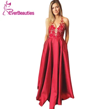 

Red Evening Dress 2020 A-Line Halter Party Dress Long Backless Robe De Soiree V-Neck Formal Party Gowns