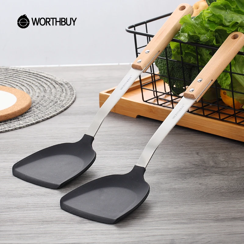 

WORTHBUY Kitchen Utensils Non-Stick Silicon Turner Spatula Stainless Steel Kitchen Cooking Tool With Non-Slip Wooden Handle