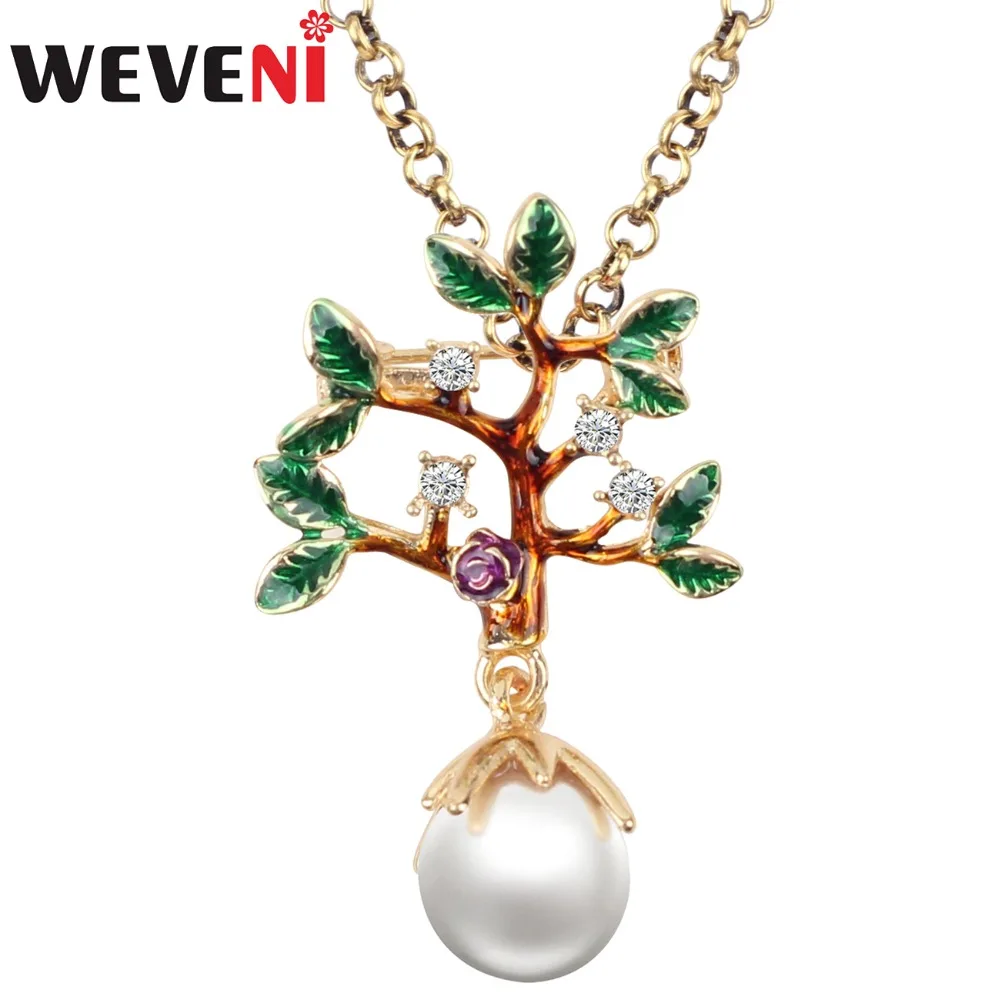 WEVENI Enamel Rhinestone Pearl Tree Flower Leaf Necklace Pendant Natural Plant Choker Crystal Alloy Jewelry For Women Girls Bulk | Украшения