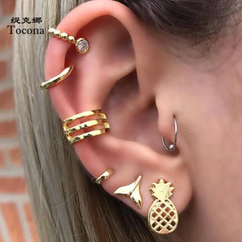 

Tocona 7pcs/sets Stud Earring Sets Gold Color Punk Fashion Hollow Pineapple Fish Tail Round Jewelry Women Ladies Party E01208