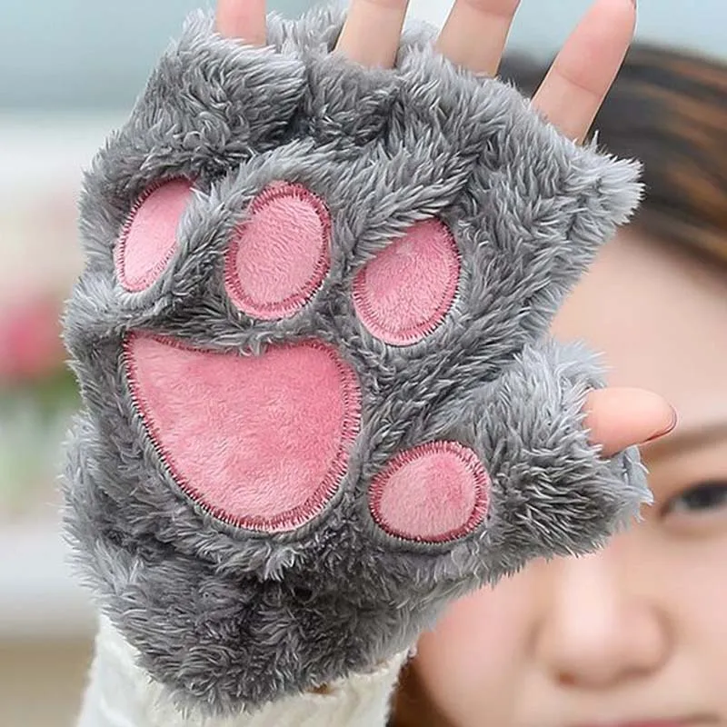XEONGKVI корейский вышивка мультфильм кошачья лапа плюшевые перчатки варежки бренд пол пальца Осень Зима теплые девушки женские перчатки