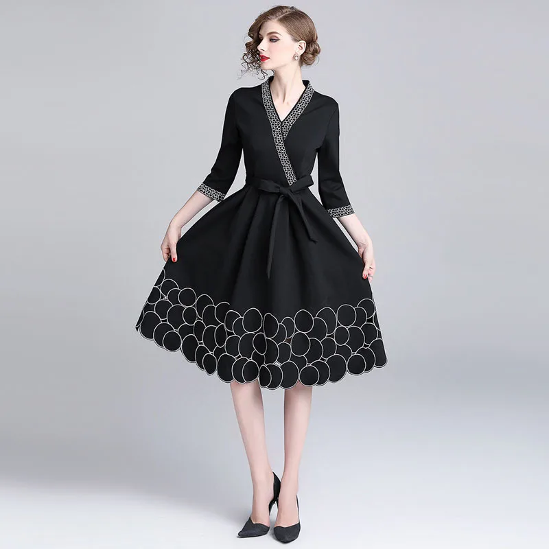 

Black V Neck 3/4 Sleeve Bow Sashes Tunic Midi Dress Women Elegant Vintage Sexy Office Party Fashion Beach Dress Lady Clothing
