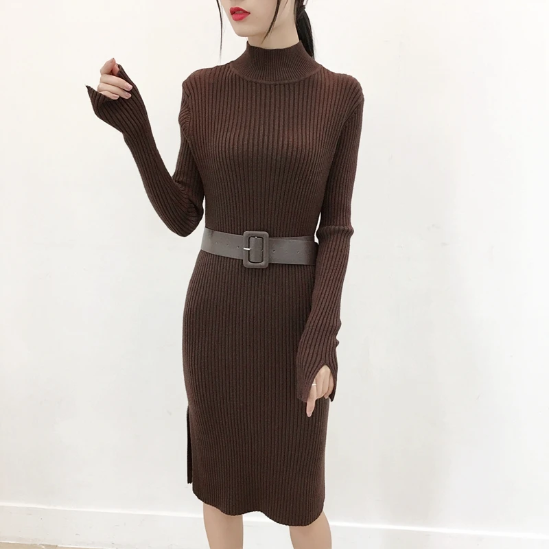 

Casual Turtleneck Split Sleeve Women Sweater Dress Winter Female Sashes Bodycon Knitted Dress 2018 Knitted Pullovers Vestidos