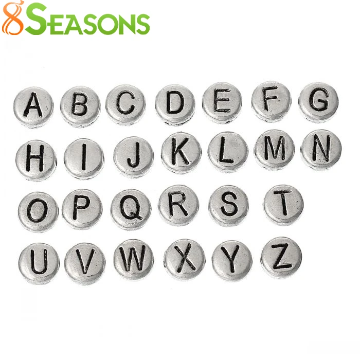 

8SEASONS Spacer Beads Round antique silver-color Alphabet/Letter "A-Z"Carved About 7mm(2/8") Dia,Hole:Approx 1.2mm,130PCs