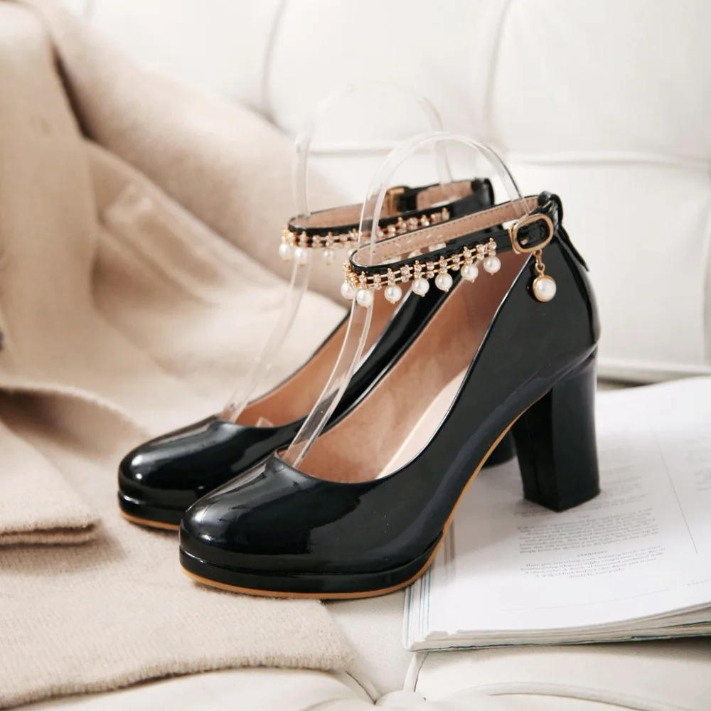Women's square heel shoes Big Size Black Pumps Women Shoes In High Heels Party Round PU leather Concise Toe Pumps Thick Heels