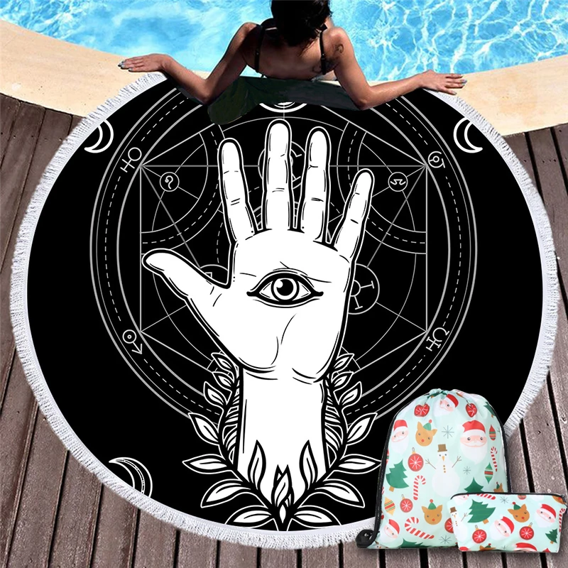 

Indian Retro Elements Eyes Palm Beach Towel for Man Sci-fi Cool Hands Hold Earth Beach Towel Travel Gift Christmas backpack