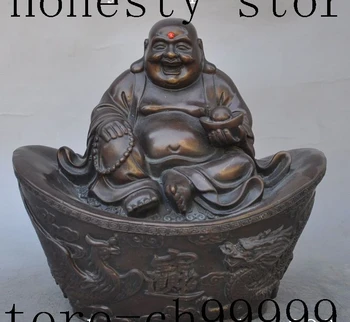 

8"chinese bronze wealth yuanbao dragon phoenix bird Maitreya Buddha lucky statue