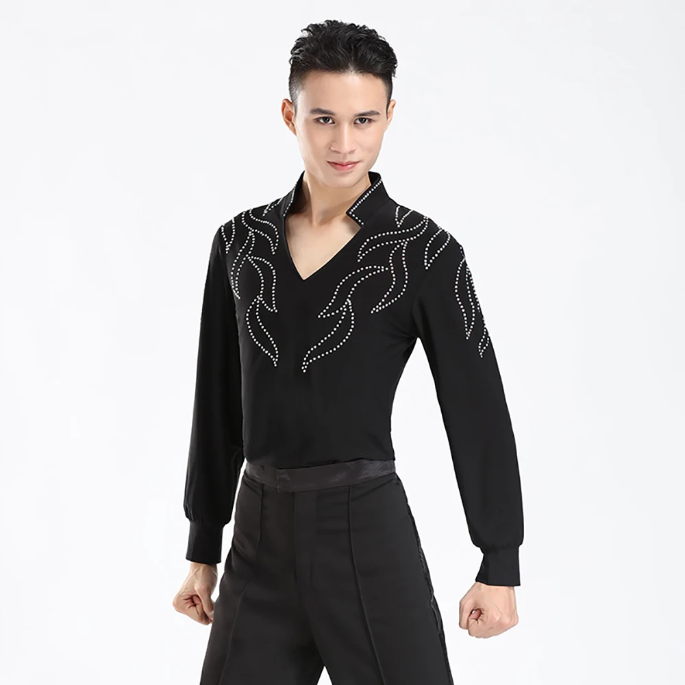 2018 Men Black Latin Dance Shirts For Male Long Sleeve M XXXL Crystal