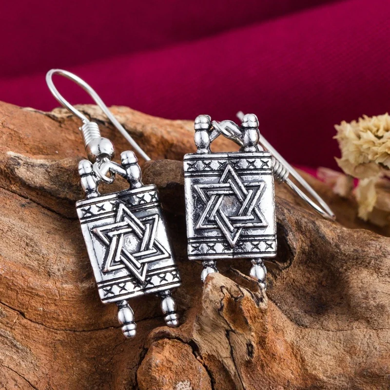 

Star of David Jewish Hebrew Judaica Sefer Torah Scroll Religious Drop Dangle Earrings for Women