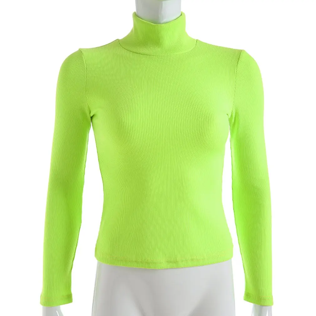 

neon top Solid Color Autumn Winter Ribbed T Shirt Women Long Sleeve Turtleneck T-Shirt Knitted Tops Hot Sale