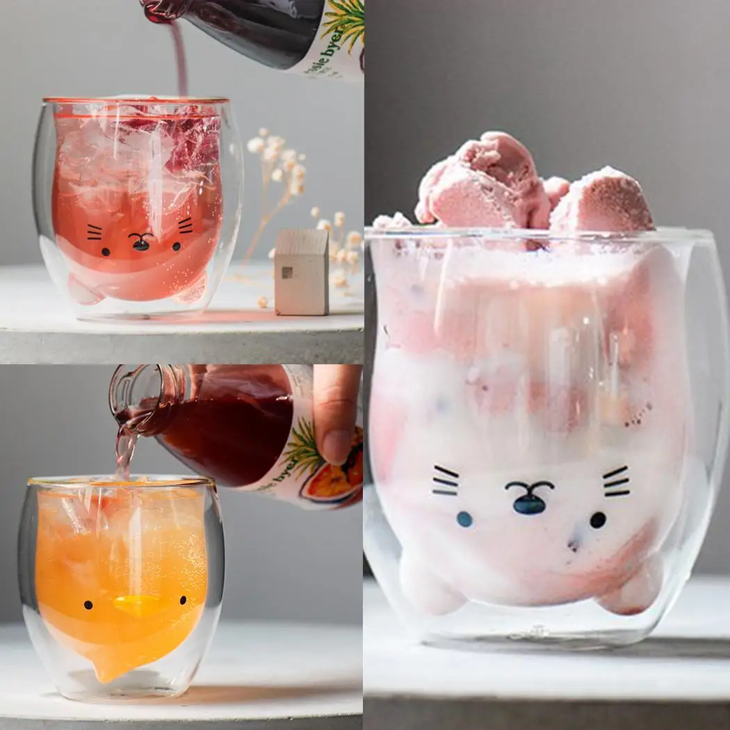 

New Office Home Double-layers Milk Glass Cup Transparent Small Duck, Small Cat Cartoon Water Tea Coffee Cup