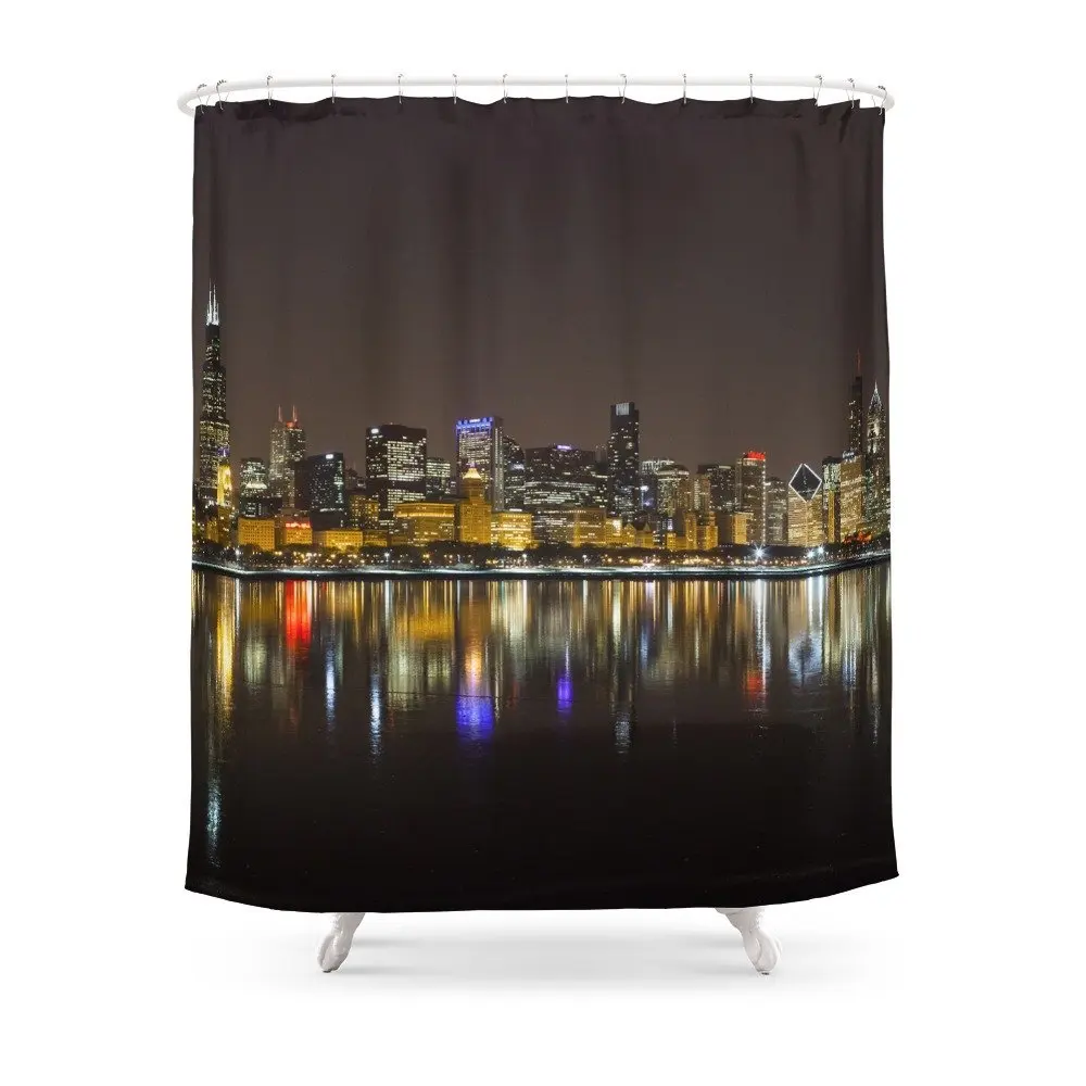 Chicago Skyline Shower Curtain Fabric with 12 Hooks Waterproof and