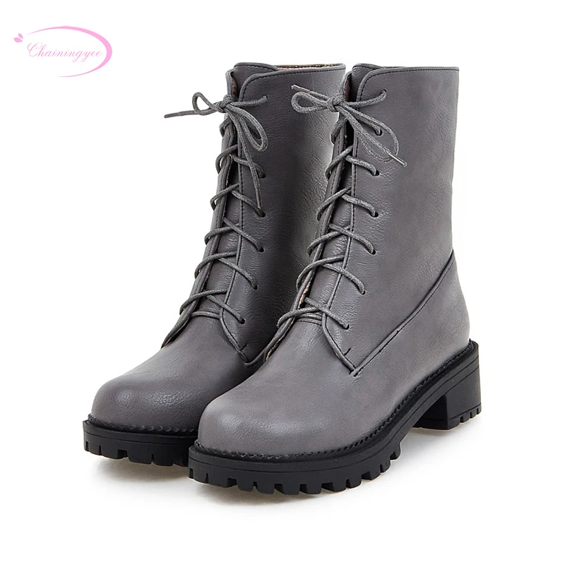 

Chainingyee college comfortable round toe ankle boots fashion lace up platform black apricot grey med with women's riding boots