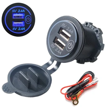 

12V/24V Waterproof 2.4A Dual USB Charger Socket Power Outlet with Touch ON OFF Switch LED Light for Car Motorcycle Phone GPS