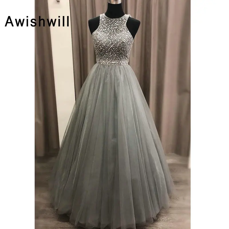 

Floor Length Grey Long Prom Dress Sleeveless Beadings Tulle A-line Evening Dress Formal Gown Real Picture Vestidos de festa