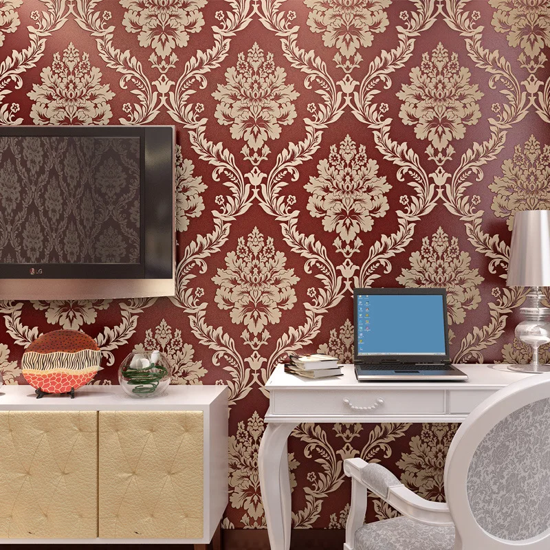 

3D Damascus Background Wallpapers European 3D Embossed Wall Paper Living room Bedroom Floral Roll Non-woven With Diamond Murals