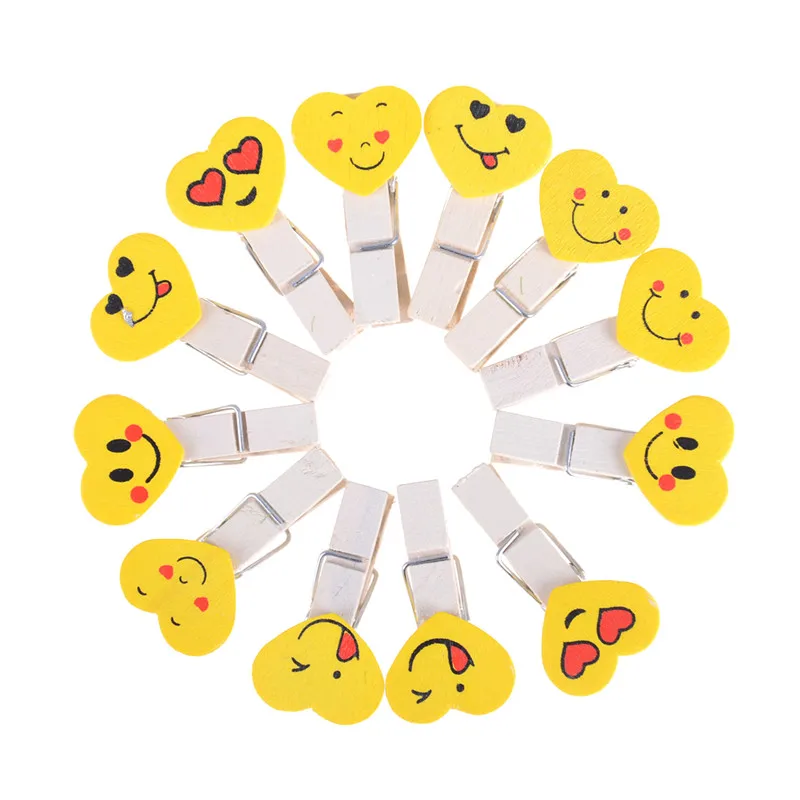 12Pcs Cartoon Heart Star Rabbit Emoji Wooden Paper Clip Bookmark For Album With Rope  Stickers Stationery School Supply Decor