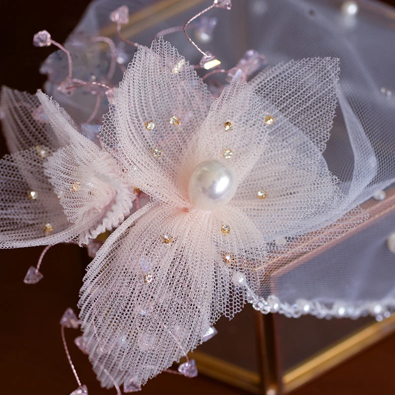 Женская романтическая свадебная вуаль для волос ручной работы с бисером Мягкая Румяна Фата невесты для невесты тюль вуаль высокого качества