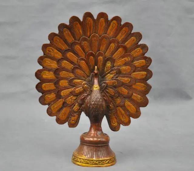 13'' China Copper peacock spread its tail feathers Statue Figurinein