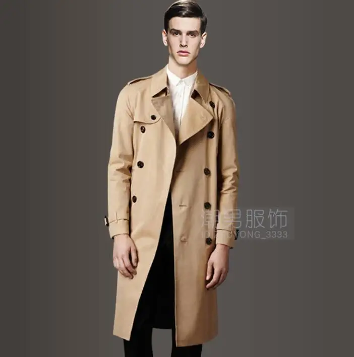 Мужские тренчи мужские на сезон осень-весна длинное пальто мужская одежда приталенное пальто с длинным рукавом дизайнерский двубортный - Цвет: Хаки