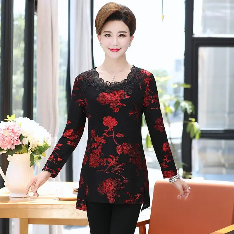 

Women Loose Long Sleeve Tops Shirt Casual Lace T-Shirt Fashion Plus Size Mother Clothing Ladies Lace O-neck Pullover Slim Tee