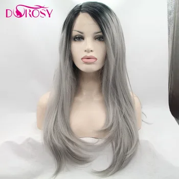 

DOROSY HAIR Synthetic Lace Front Wig Full Fiber Silver Grey Long Natural Wave Dark Roots High Temperature For Women