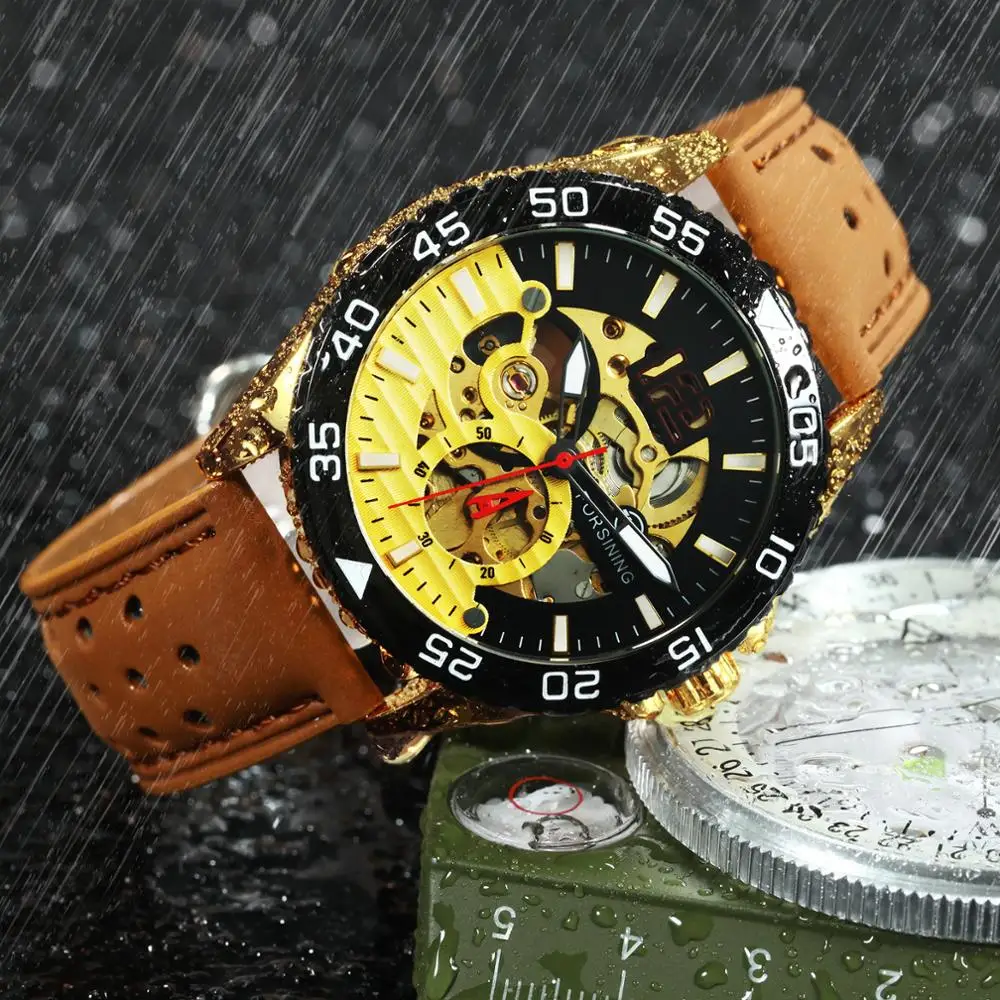 

2019 NEW Luxury Brand Man Sports Watches Skeleton Automatic Gold Watch Mechanical Nubuck Leather Band Waterproof Wristwatch Mens