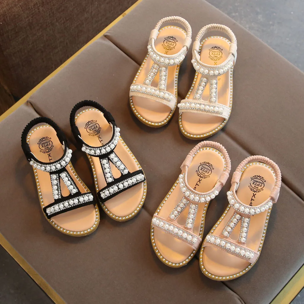 

2019 Toddler Infant Kids Baby Girls Pearl Crystal Hook & Loop Single Princess Roman Shoes Sandals D#1