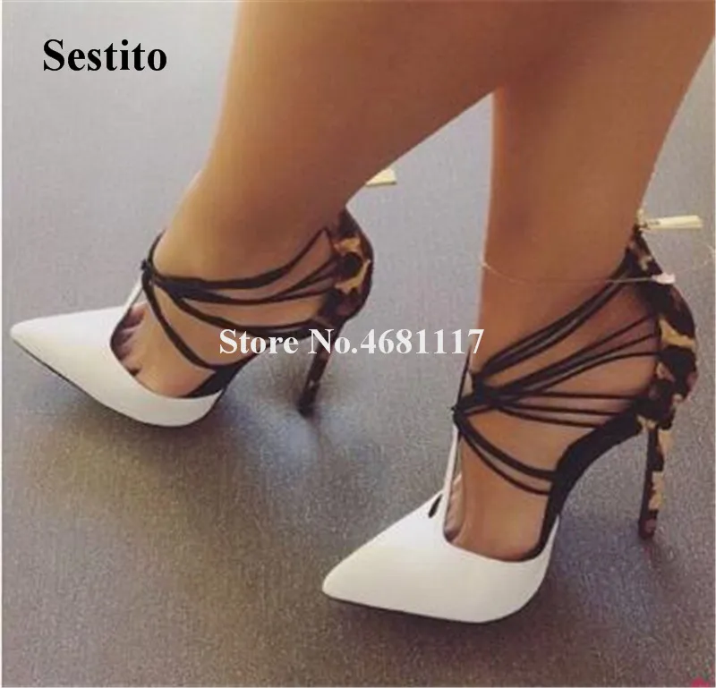 

Brand Design Women Fashion Pointed Toe Stiletto Heel Pumps White-leopard Strap Cross High Heels Formal Dress Heels Shoes
