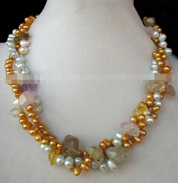 

ddh003120 3rows freshwater pearl and quartz necklace 19" nature