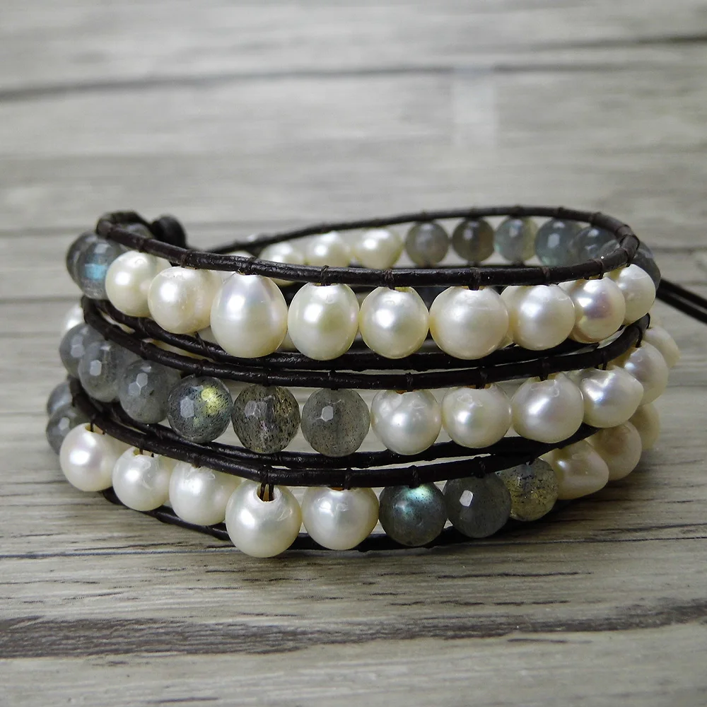 

facted grey beads Real Pearl bracelet BOHO pearl wrap bracelet Leather wrap bracelet Labradorite Jewelry bohemian