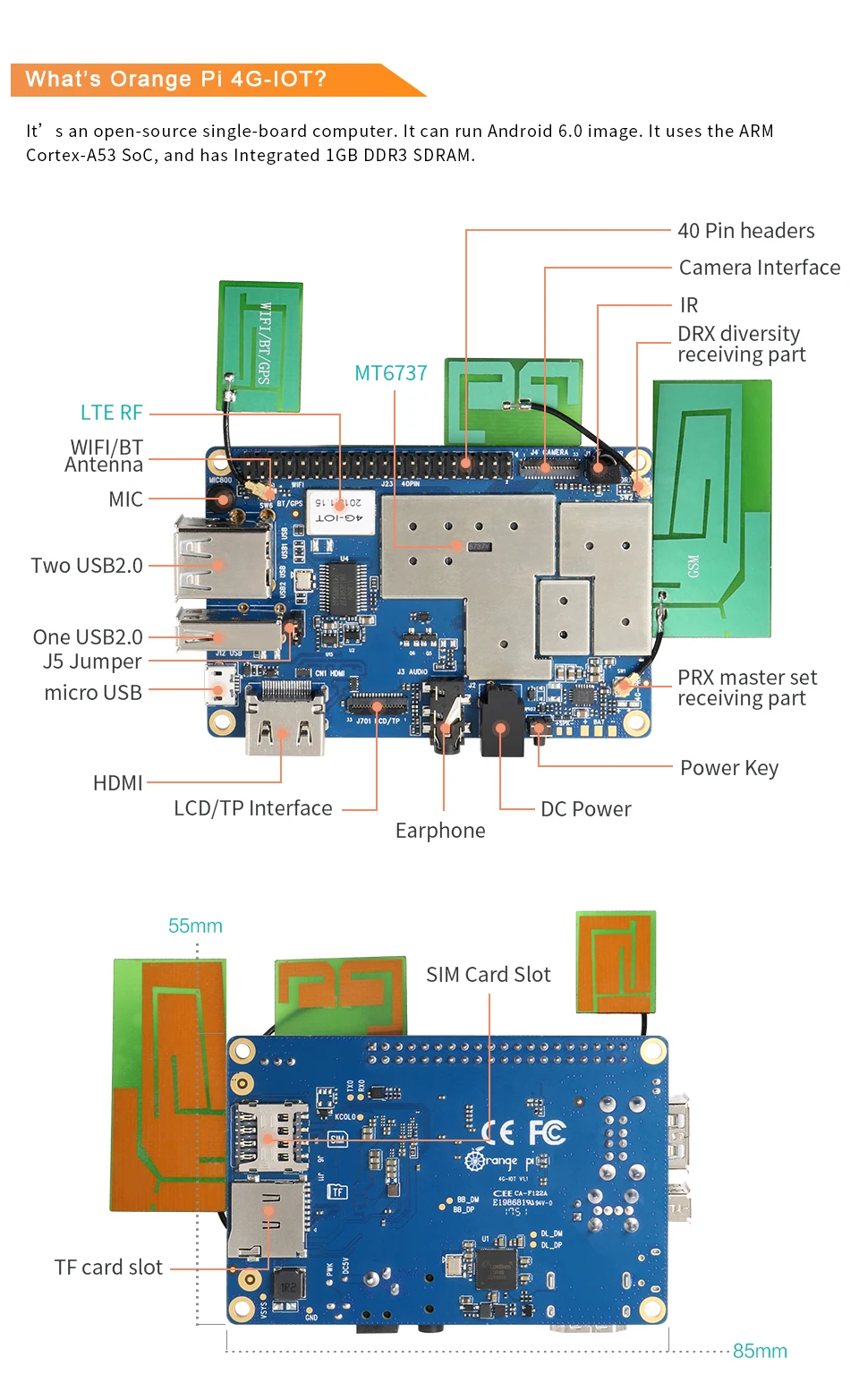 Оранжевый Pi 4G-IOT 1G Cortex-A53 8GB EMMC поддержка 4G sim-карты Bluetooth Android6.0 мини-ПК