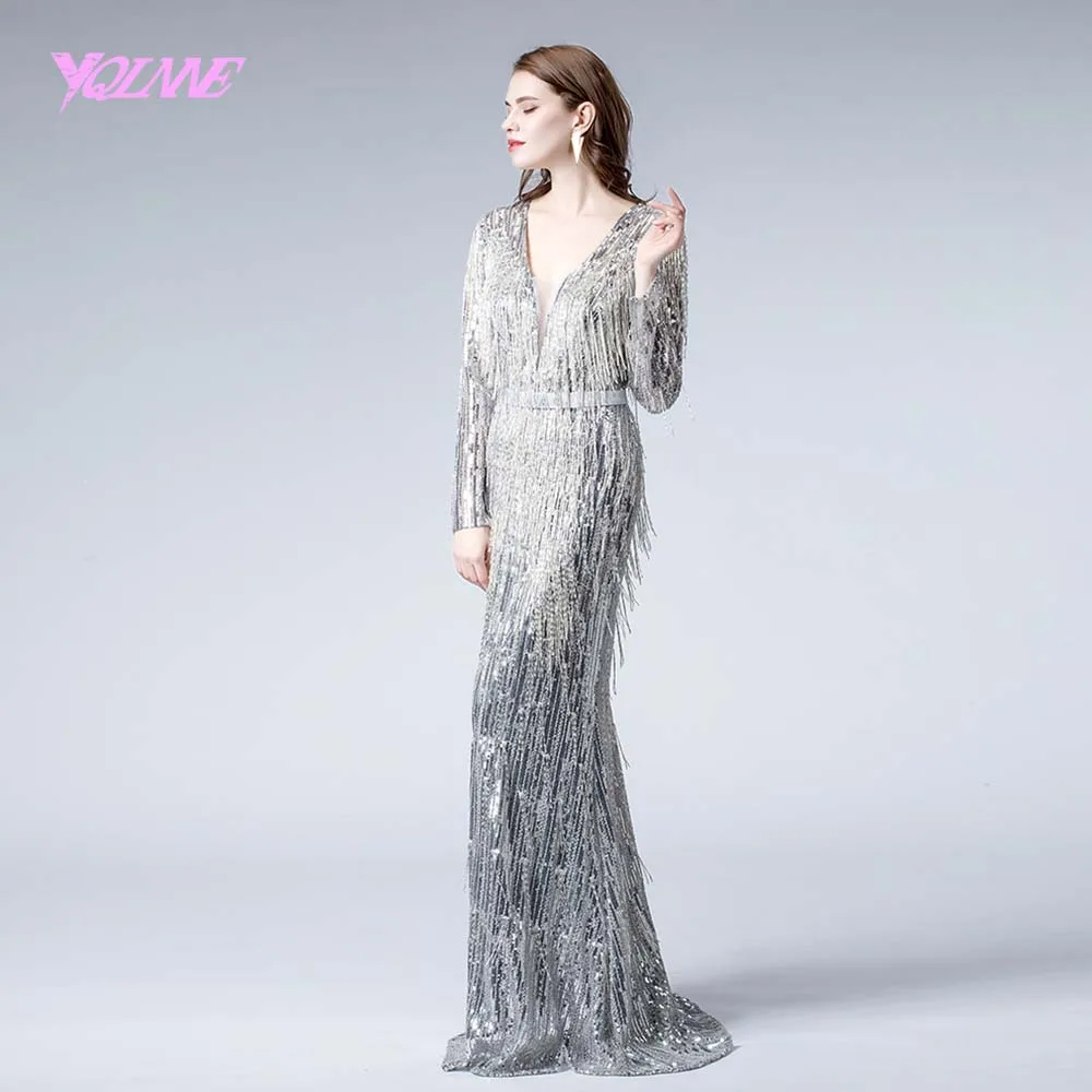 Серебряное Вечернее платье с длинным рукавом, вечернее платье с блестками и бисером YQLNNE